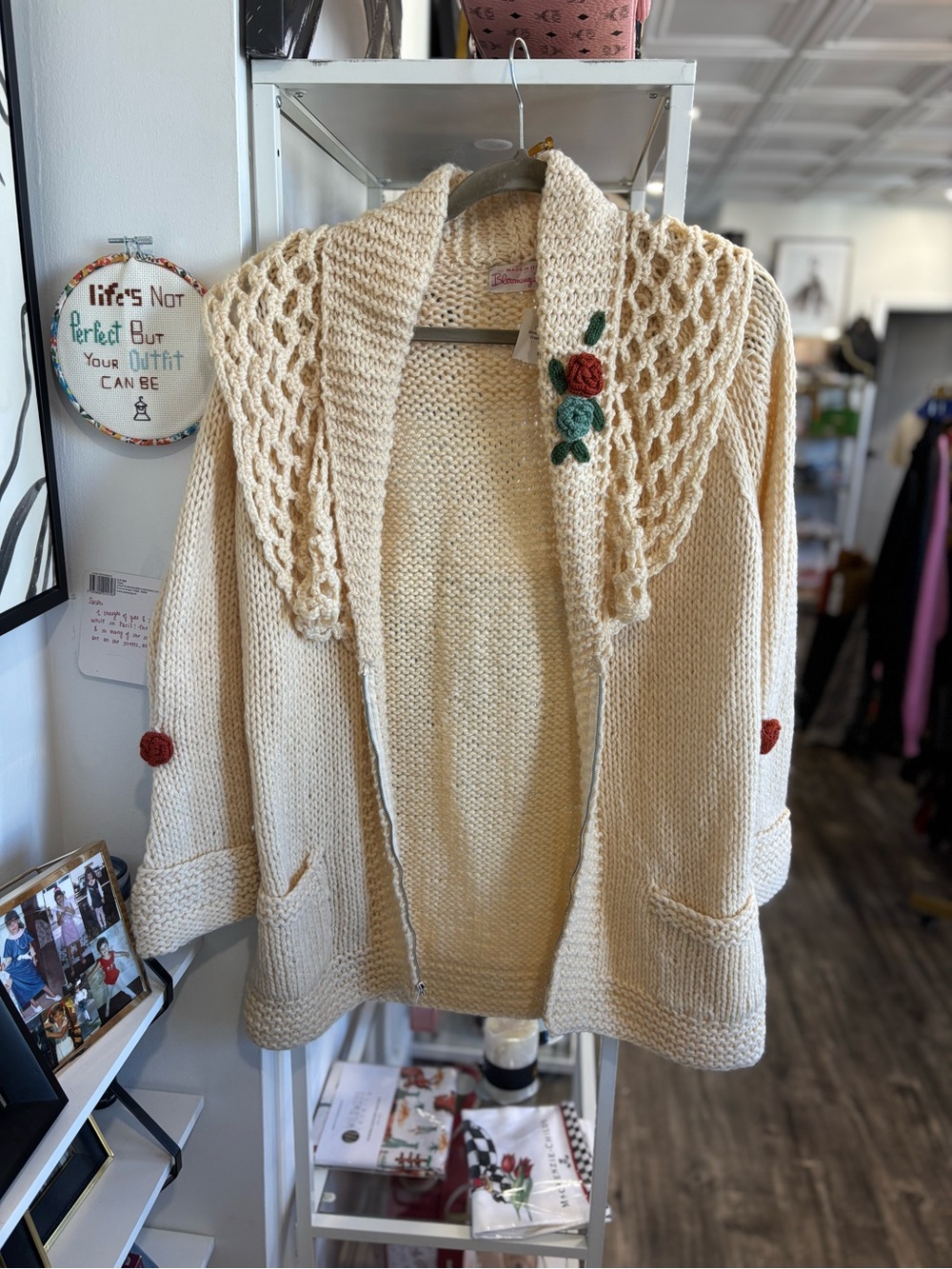 Bloomingdale's vintage creamKnit Cardigan with Crochet Collar and Rose Appliqués
